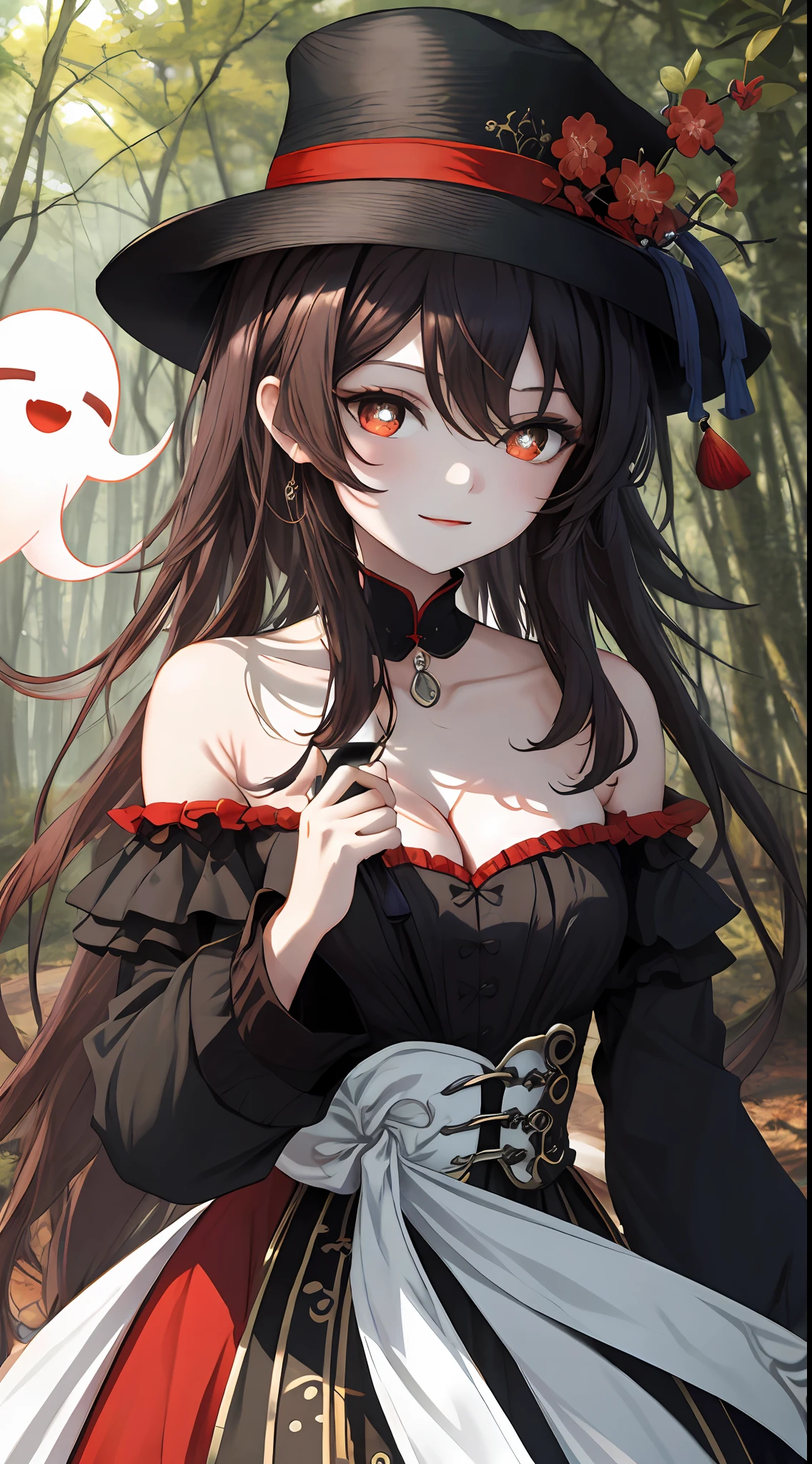 the original god，walnuts，one-girl，Off-the-shoulder attire，ssmile，red color eyes，cleavage，Black clothes，Black hat，There is a token on the hat，In the middle of a quiet forest，best qualtiy，the wallpaper，Beautiful body，high-definition picture quality，hu tao(Genshin Impact)，absurderes, (best qualityer), (tmasterpiece), (ultra - detailed: 1.2)，White cute ghost