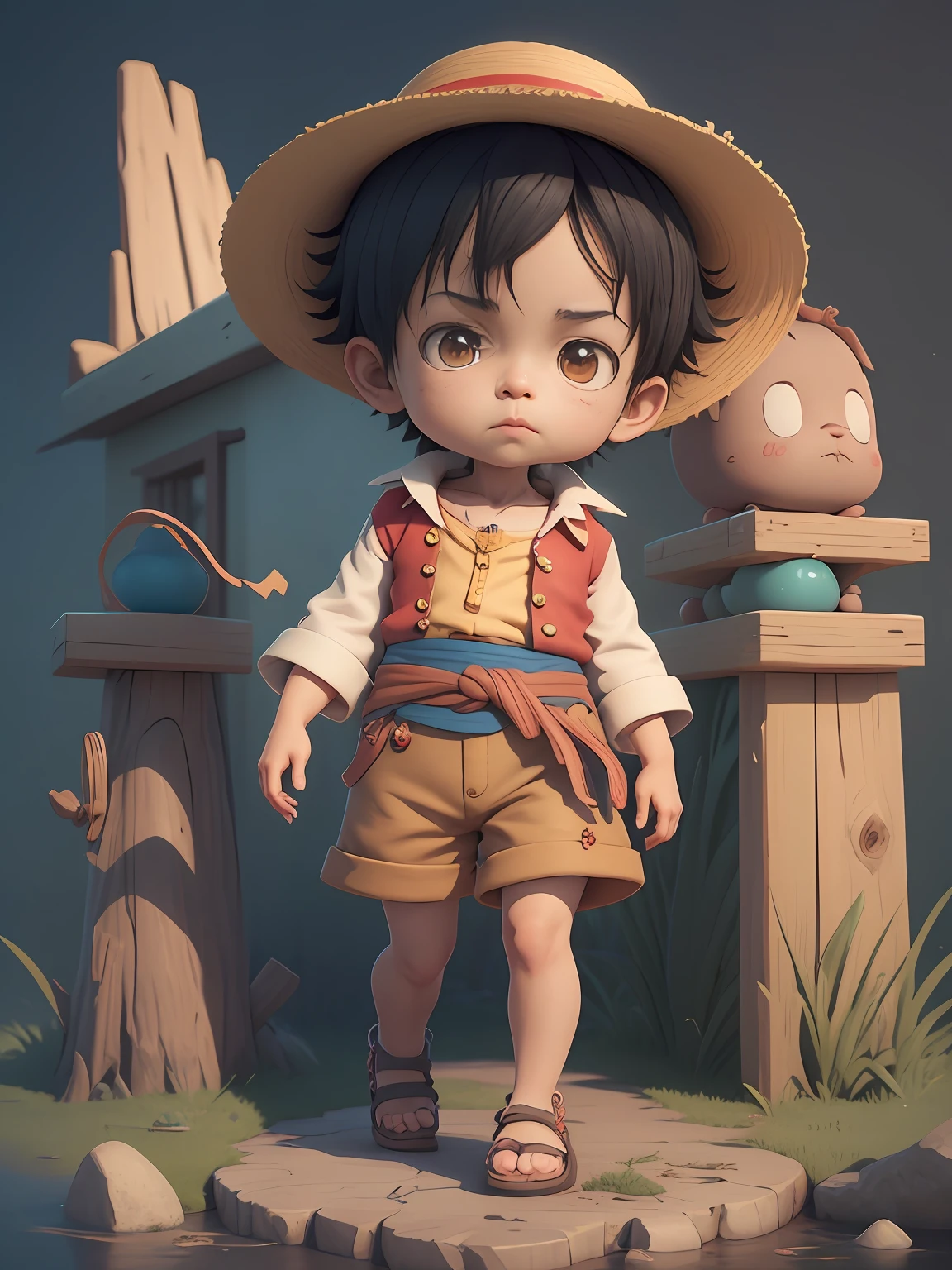 cute 3d render, cute detailed digital art, male explorer mini cute boy, cute digital painting, stylized 3d render, cute digital art, cute render 3d anime boy, luffy the little pirate looks up, cute! c4d, portrait anime sea pirate boy, he is wearing an open long-sleeved red cardigan with four buttons, with a yellow sash tied around his waist, blue shorts with cuffs, sandals, straw hat.