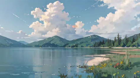 Summer, meadows, a few small flowers, clear lakes, heaven, large clouds, blue sky, hot weather, HD detail, hyper-detail, cinemat...