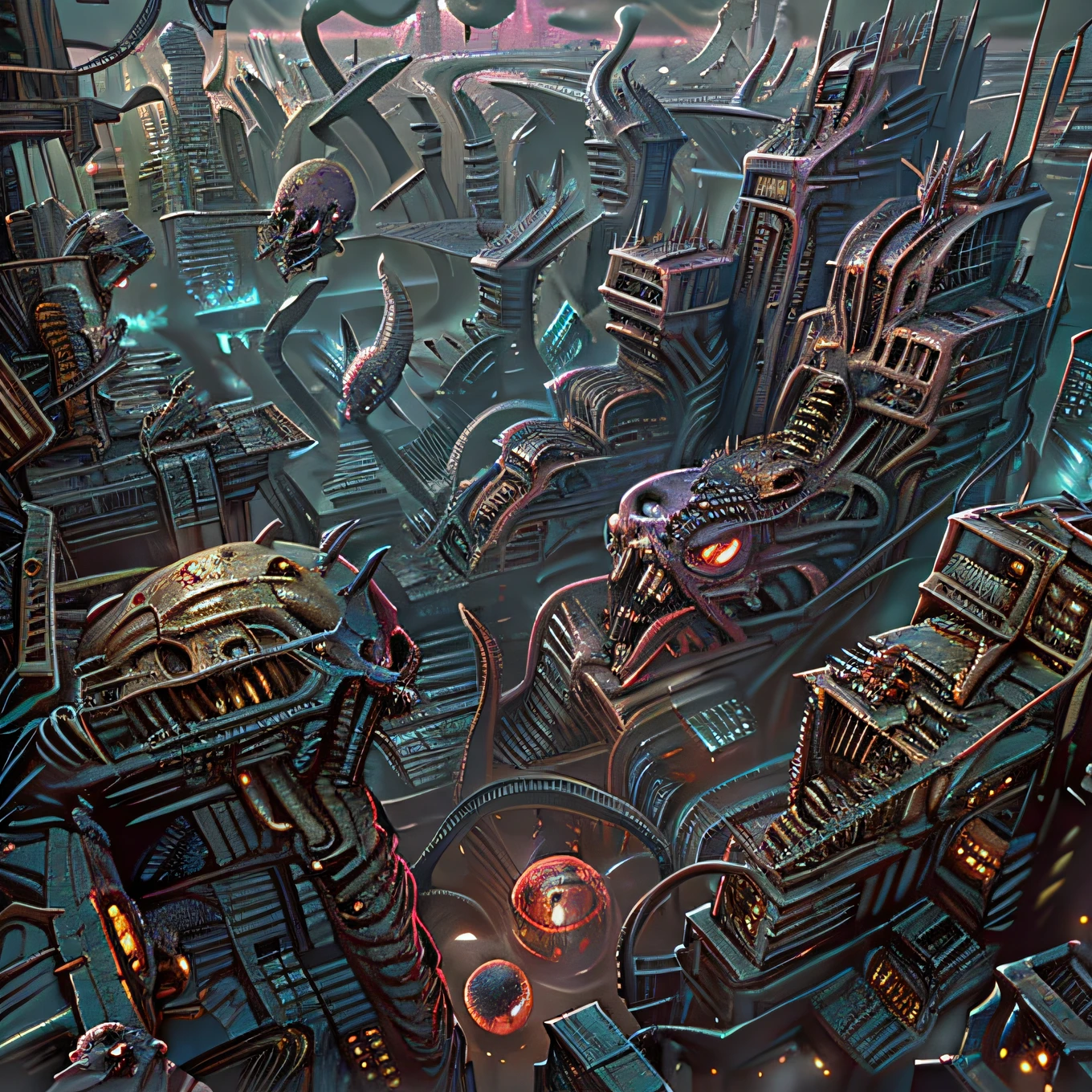 view from the top of the peak. Biomechanical city of madness. condemned rotten souls falling into the sky. Horror art. Unreal Engine, UHD, sketch color painting. Intricated details, a masterpiece painting.