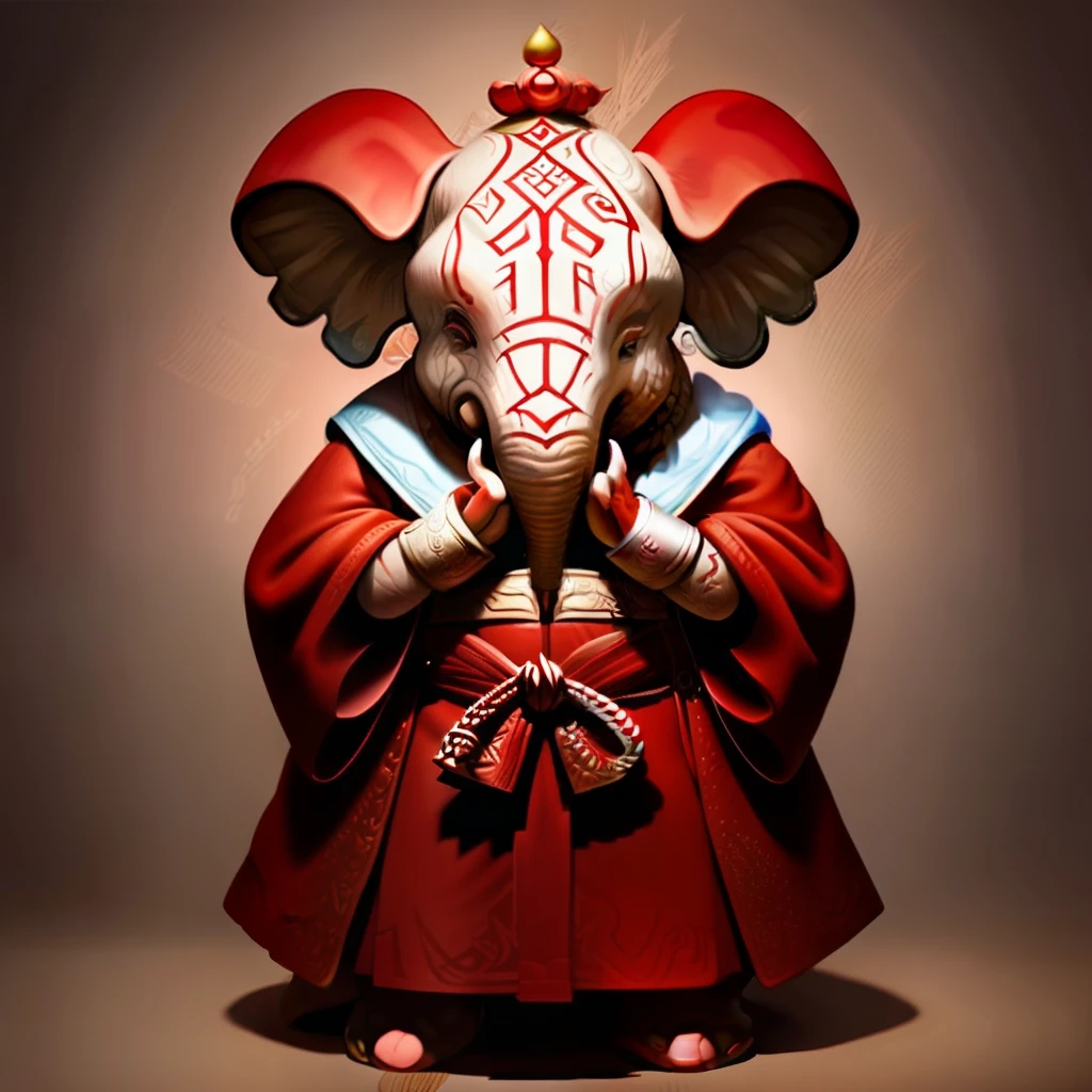 Humanoid, cute elephant, Best quality ,Masterpiece, illustration, view the viewer, facing front, Fluffy red robe for festive auspiciousness, Sharp focus, Realistic lighting