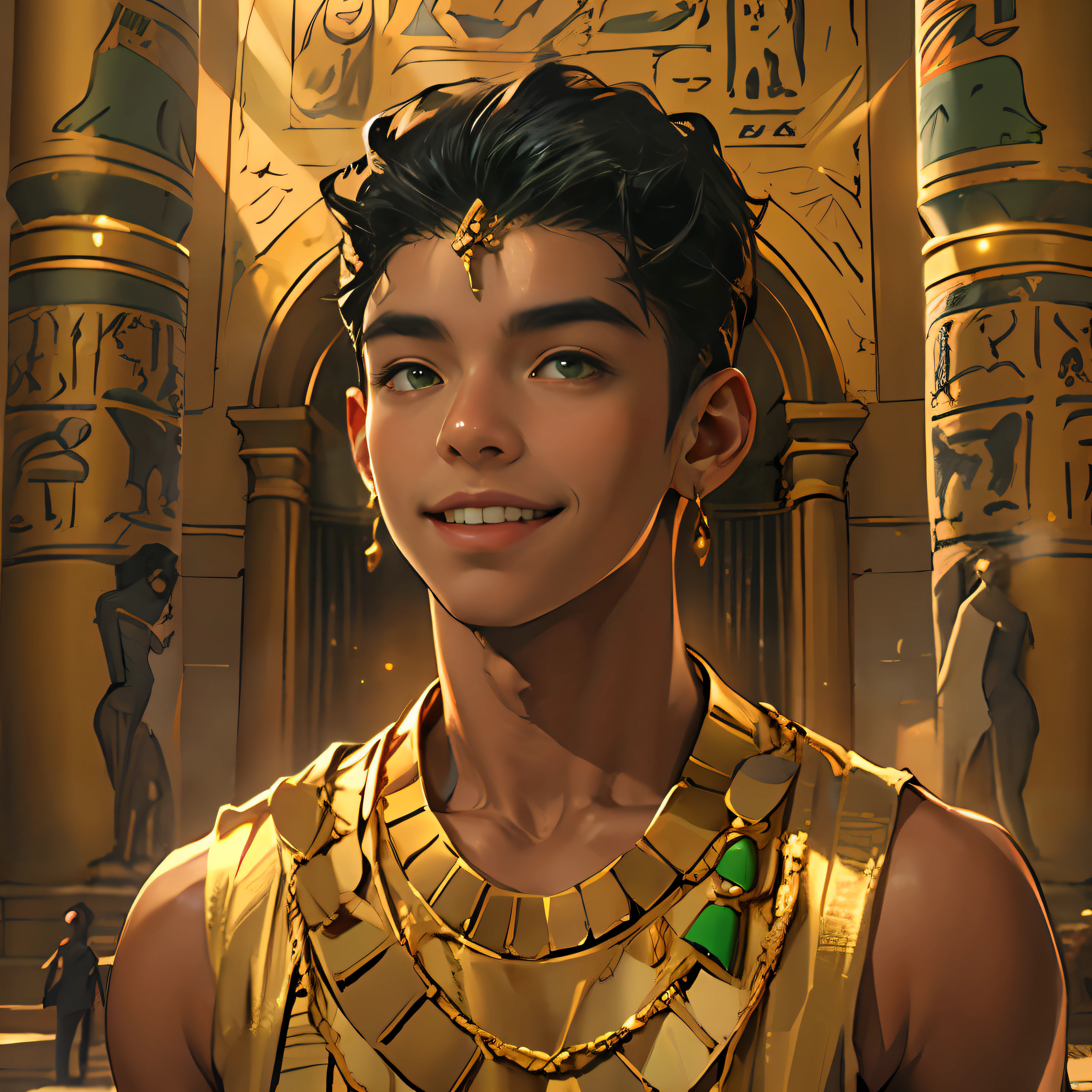صبي يبلغ من العمر 15 عامًا يمشي مبتسمًا في قصور مصر القديمة، شعر أسود، بشرة بنية، عيون خضراء، ملابس سوداء أنيقة مع ذهب، صدر عاري، يرتدي مجوهرات من الذهب الأحمر.