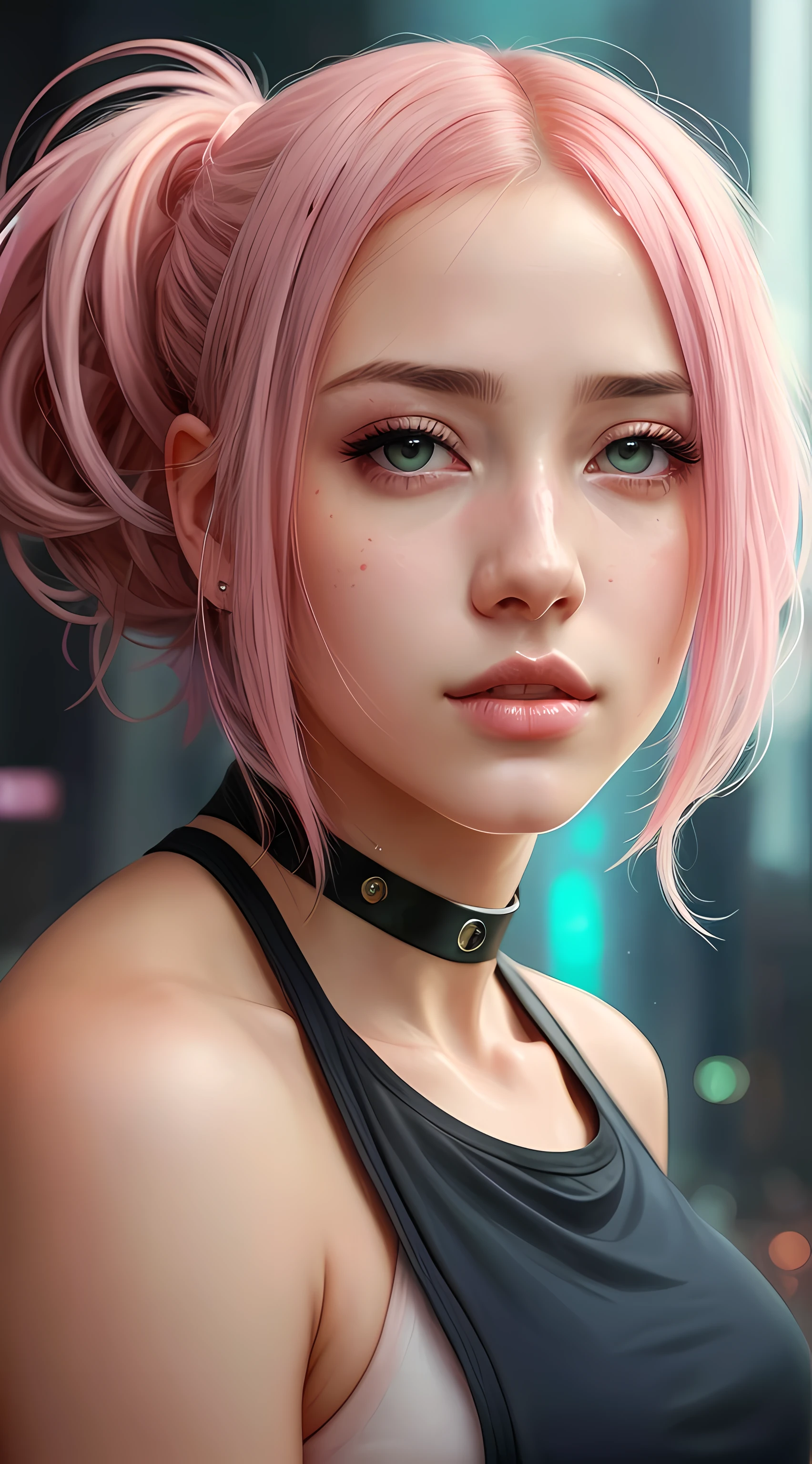 ein Gemälde einer Frau mit rosa Haaren und blauen Augen, cyberpunk, Gute Kunst UHD 4K, wunderschöne digitale Kunst, atemberaubender Kunststil, wunderschöne Kunstwerke, Hochdetaillierte digitale 4K-Kunst,