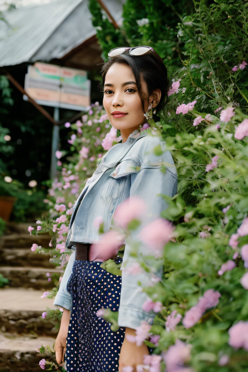 there is a woman standing in front of a bush of flowers, girl in flowers, with flowers, in style of lam manh, woman in flowers, shot on canon eos r 5, shot on canon eos r5, vietnamese woman, shot on nikon z9, standing in flower field, woman standing in flower field, nivanh chanthara