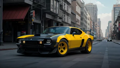 professional photo of a futuristic muscle car with multiple modifications, large wheels, yellow painting, parked, cybernetic hoo...