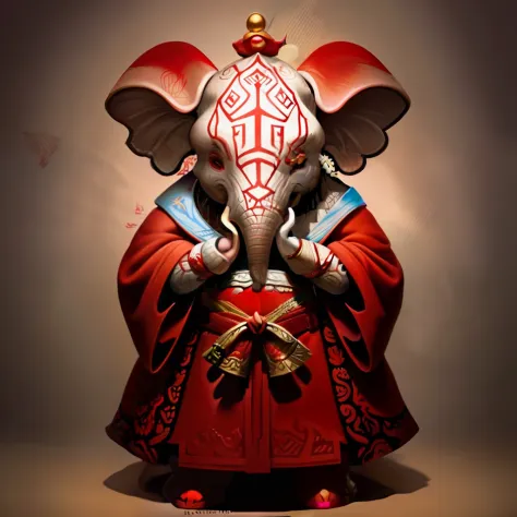 Humanoid, cute elephant, Best quality ,Masterpiece, illustration, view the viewer, facing front, Fluffy red robe，Add festive aus...
