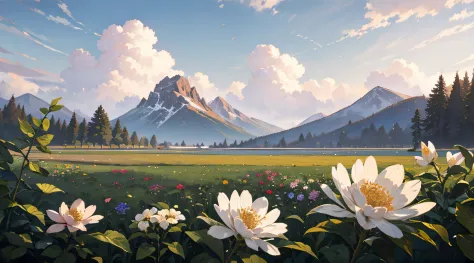 summer, meadows, a few small flowers, clear lakes, heaven, large clouds, blue sky, hot weather, hd detail, hyper-detail, cinemat...