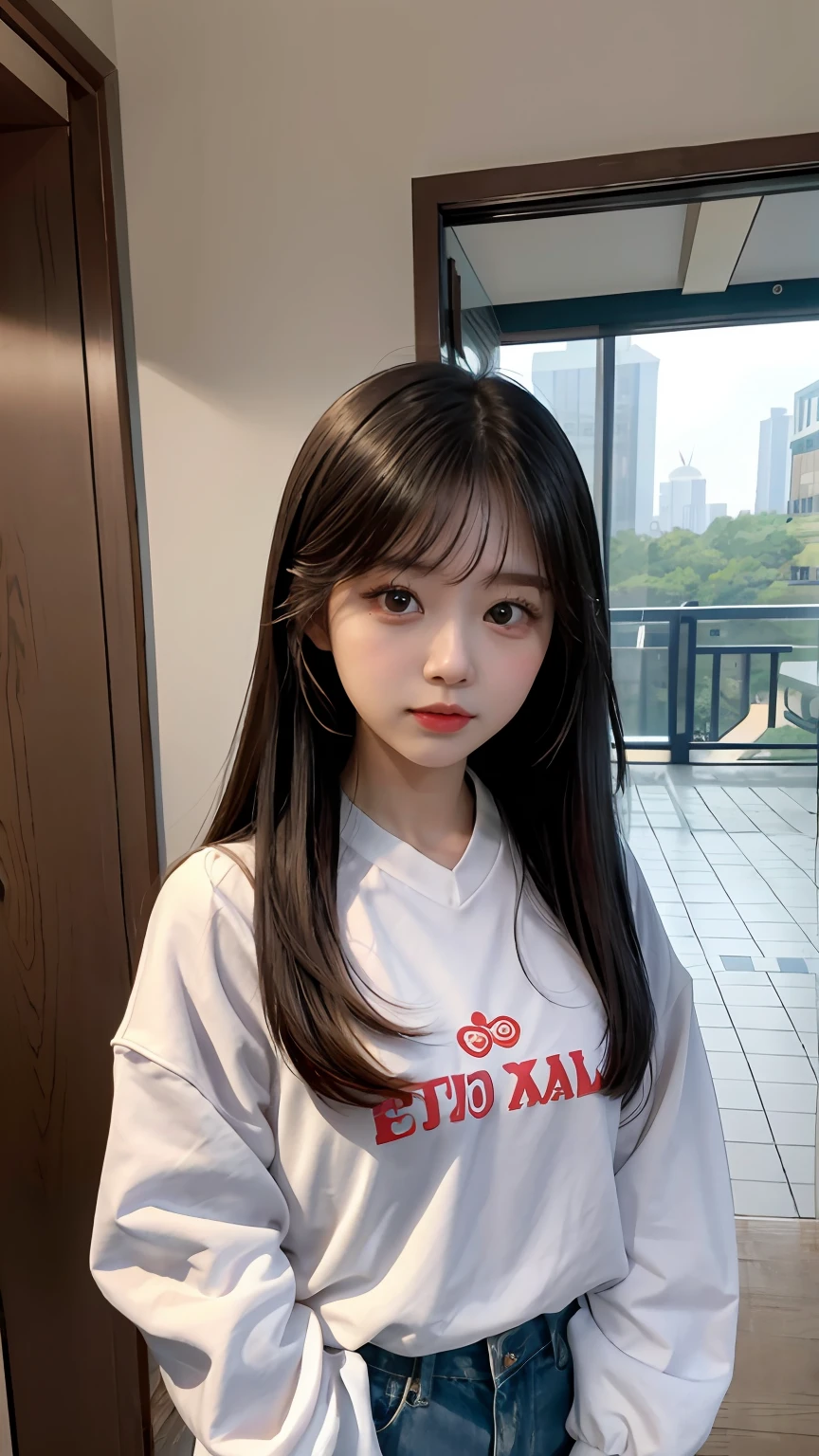 there is a woman that is standing in front of a window, she has a cute expressive face, She has a cute face, a cute young woman, dressed with long fluent clothes, Ruan cute vtuber, young and cute girl, Korean girl, Chinese girl, ulzzangs, tzuyu from twice, She is seen wearing streetwear pieces, xintong chen