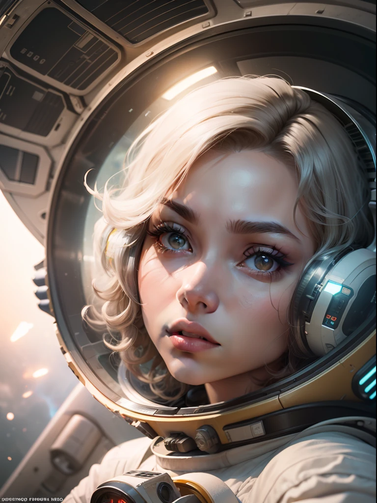 Une fille à la peau blanche et aux cheveux bouclés flotte à l'intérieur d'une grande capsule gravitationnelle, Objets spatiaux flottant en arrière-plan, portrait d&#39;anime fille des cadets de l&#39;espace, d&#39;un film de science-fiction 8k de 2 0 1 9, Zoe Kravitz, astronaute futuriste, Film 8K encore, film encore 8 k, Zoe Kravitz en astronaute, en combinaison spatiale,  fille dans l&#39;espace, rendu portrait 8k, beautiful woman en combinaison spatiale, amplitude, plan général, Cinématique, photoréalisme, photographié sur un Canon EOS-1D X Mark III, objectif 50 mm, F/2.8, netteté, brouillard volumétrique, lumière dramatique, lumière volumétrique, néon, 8k euh, Appareil photo reflex numérique, qualité maximale, grain de film,