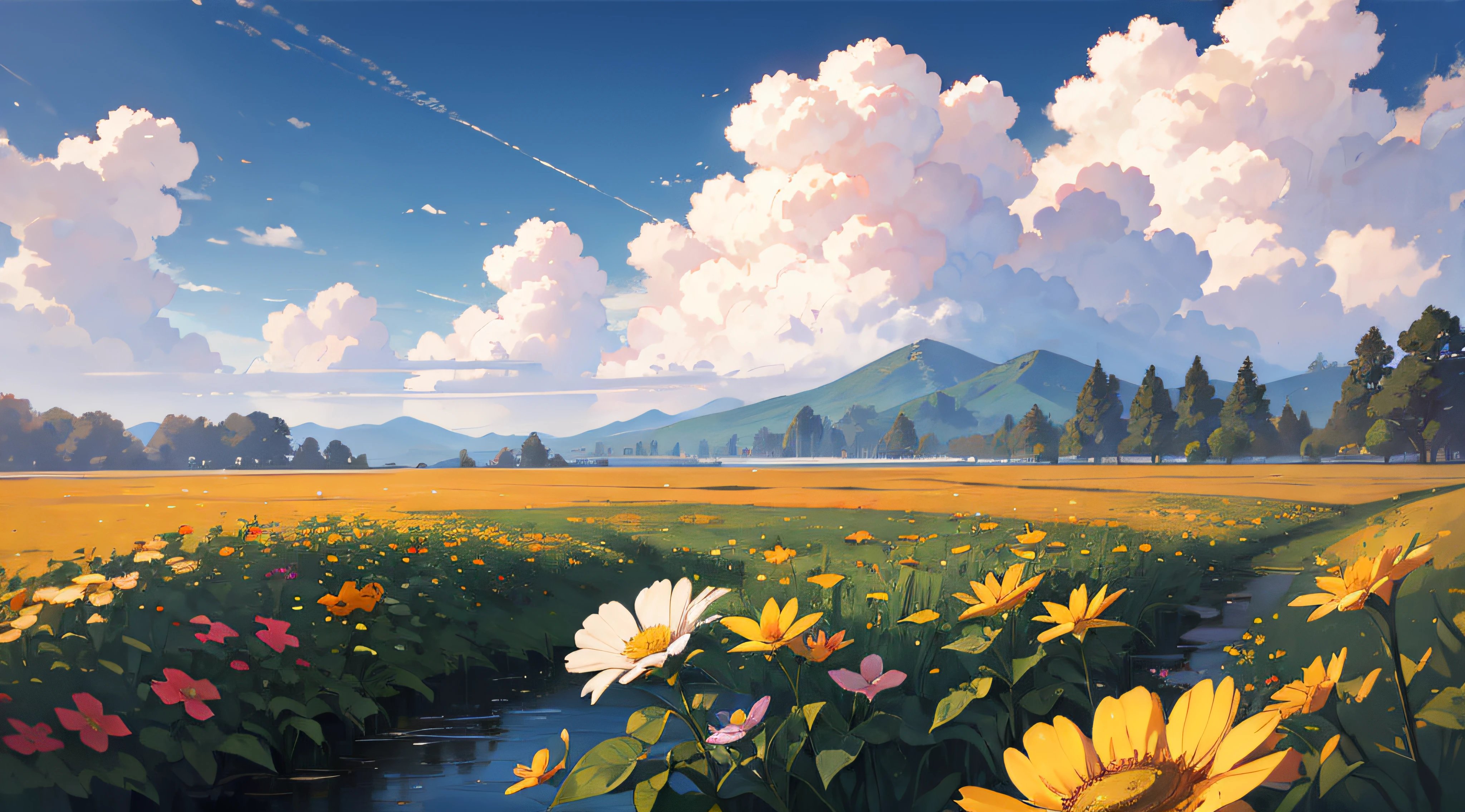 Summer, meadows, a few small flowers, clear lakes, heaven, large clouds, blue sky, hot weather, HD detail, hyper-detail, cinematic, soft light, deep field focus bokeh