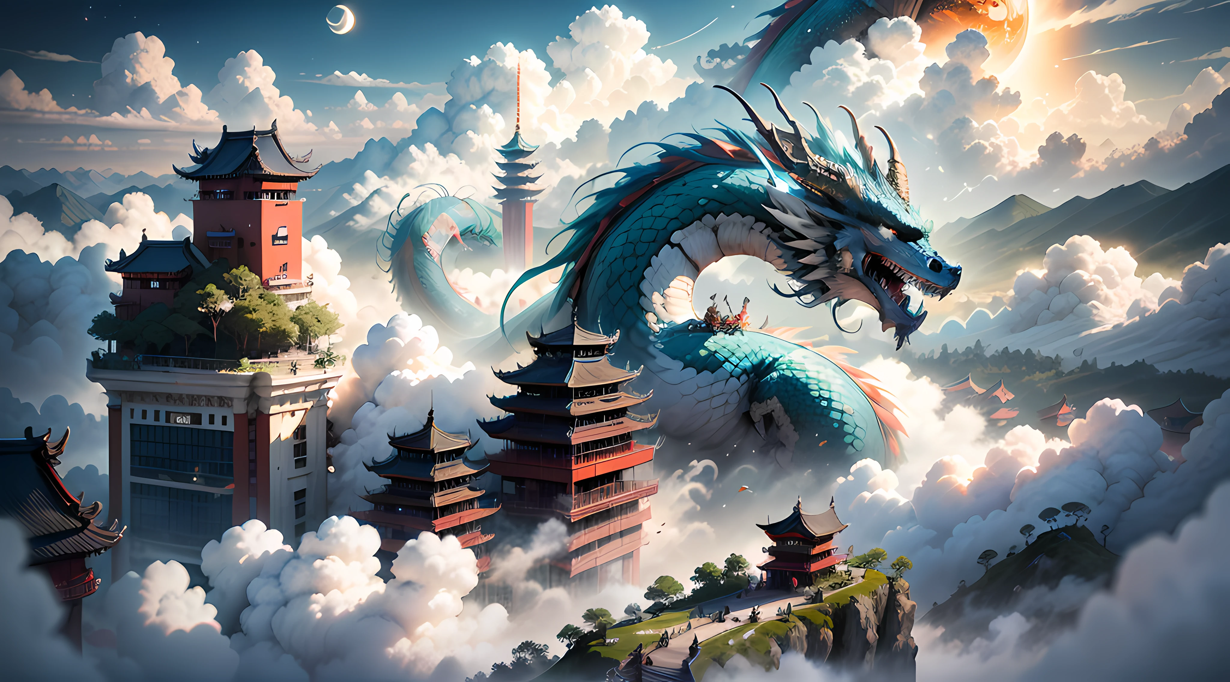 The sun and the moon shine together，Dragons fly in the clouds，The sea of clouds is turbulent，islands，flying birds，（A building looming in the clouds），（（surrounded by cloud）），（Chinese style buildings），high qulity，super-fine，Detailed pubic hair，Accurate，（tmasterpiece），Works of masters，（16K resolution），电影灯光，dynamic viewing angle，wide angles，