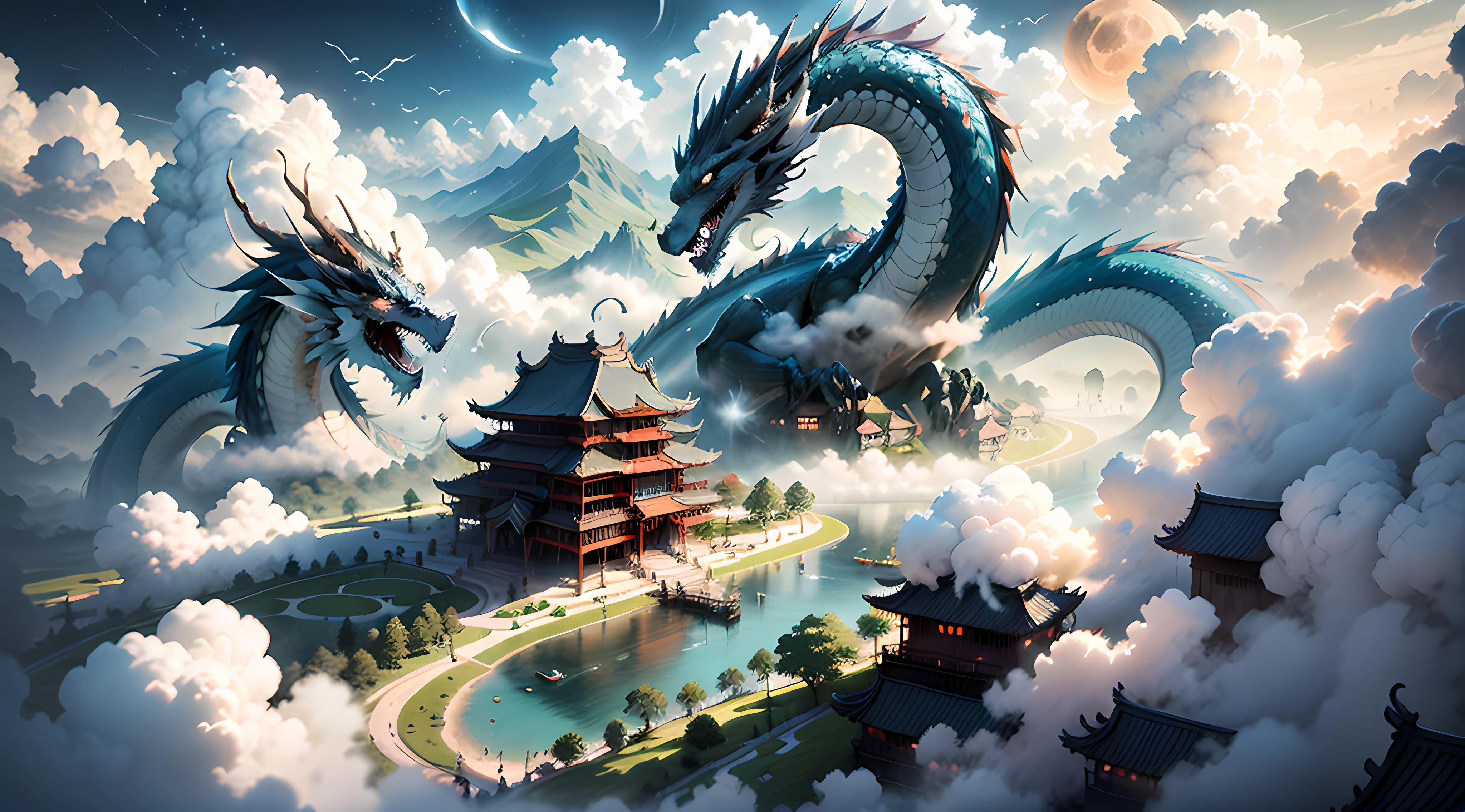 The sun and the moon shine together，Dragons fly in the clouds，The sea of clouds is turbulent，islands，flying birds，（A building looming in the clouds），（（surrounded by cloud）），（Chinese style buildings），high qulity，super-fine，Detailed pubic hair，Accurate，（tmasterpiece），Works of masters，（16K resolution），电影灯光，dynamic viewing angle，wide angles，