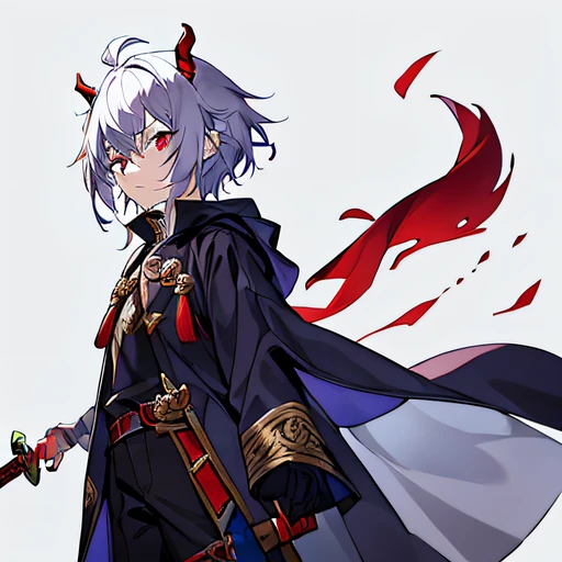 Libido boy，13 year old，Height 145cm，Slim，red eyes，whaite hair，white skinned，small demonic horns，Cute and handsome，Sword and magic style，Cultists，super adorable，go astray，short detailed hair，Dressed in medieval costumes，wind coat。