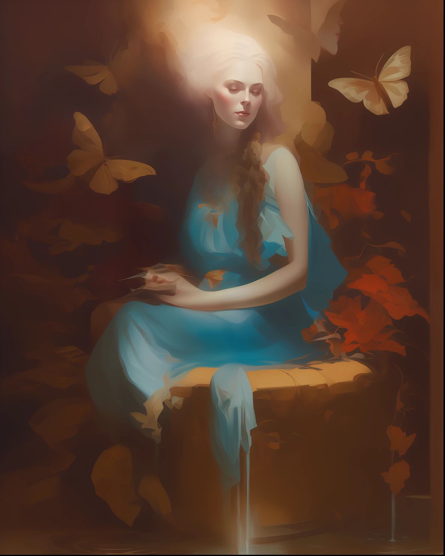 Pintura de una mujer sentada en una fuente., iluminado por una luz brillante、Peter Mohrbacher」, Por Jeremy Chong, artgerm julie campana escarabajo, peter mohrbacher c 2 0, Ross Tran 8K, estilo de peter Mohrbacher, Peter MohrbacherDonato Giancola, Daniel Gerharz, por Raymond Han, inspirado en Cynthia Sheppard