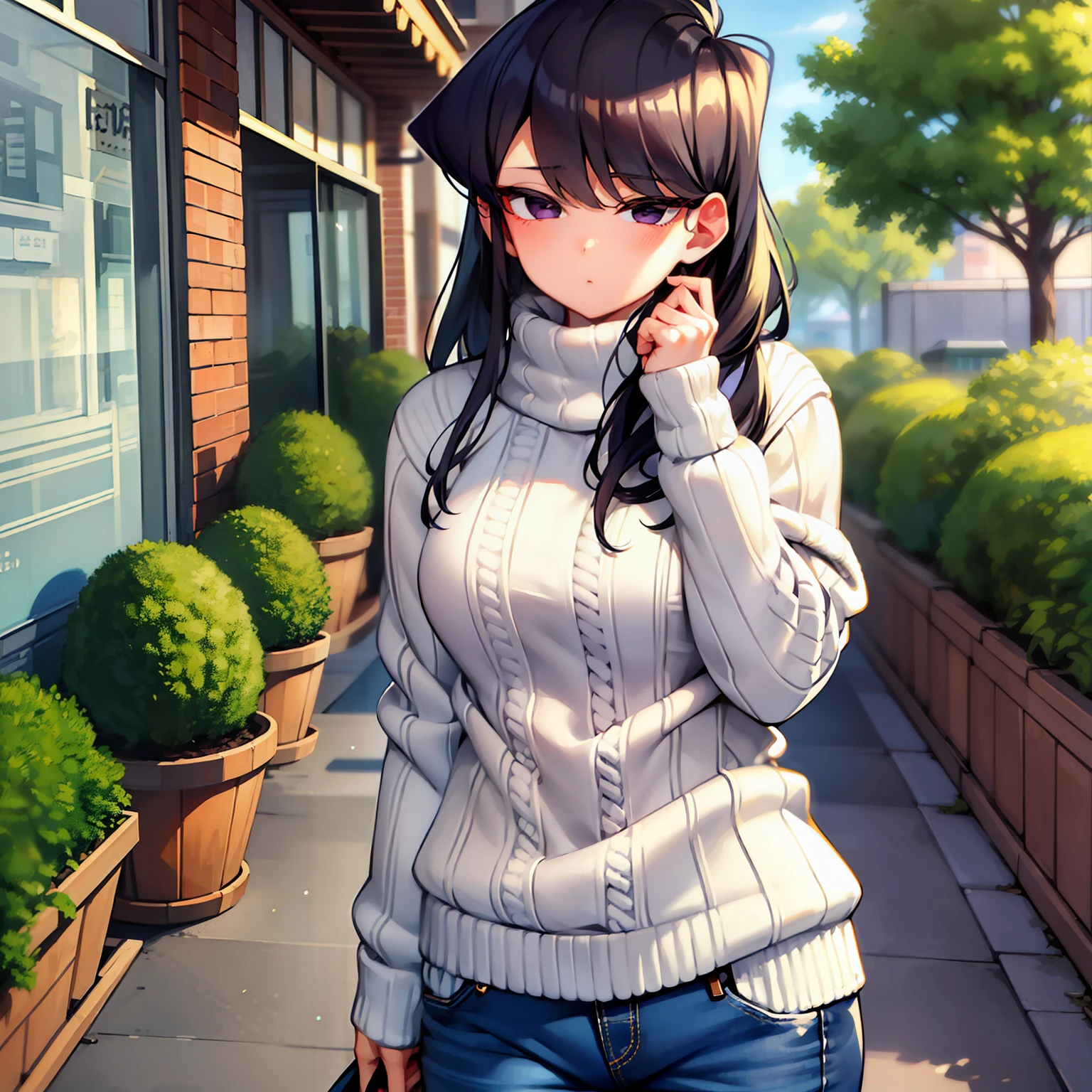 pixel-Komi-Shuuko, 1 chica, solo, Suéter tejido, jeans ajustados obra maestra, mejor calidad