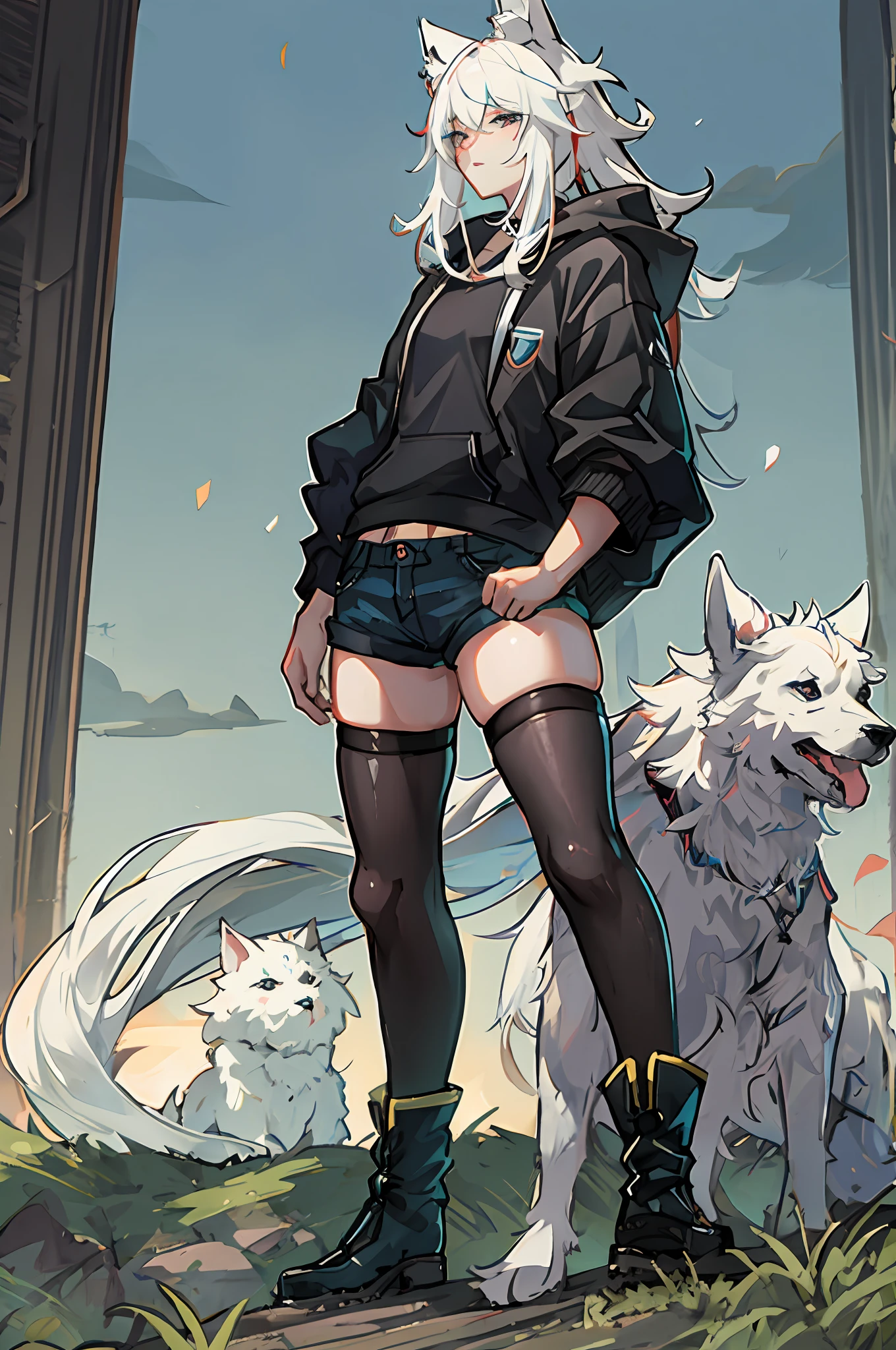 Chica anime con pelo blanco y botas negras parada frente a un grupo de  perros. - SeaArt AI