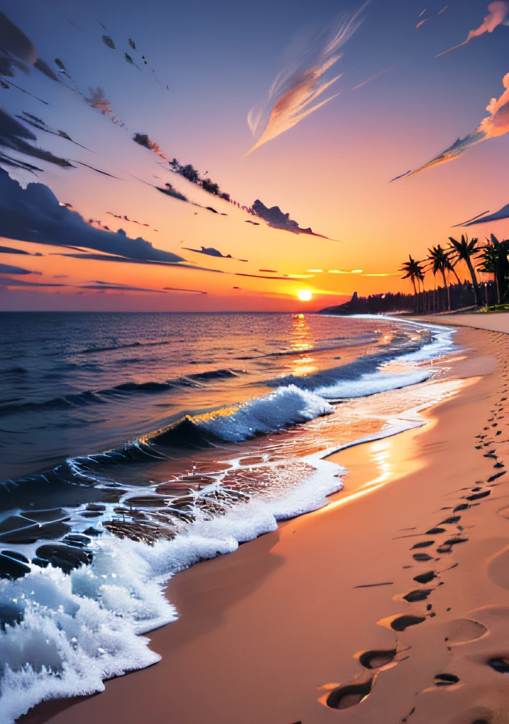 An absolutely mesmerizing sunset over the beach, with a blend of oranges, pinks, and yellows filling the sky. Crystal-clear waters of the sea gently kissing the shore, with sandy white beach stretching far and wide. The scene is dynamic and breathtaking, with seagulls soaring high in the sky and gently swaying palm trees. Take in the calming atmosphere and let the peacefulness wash over you.