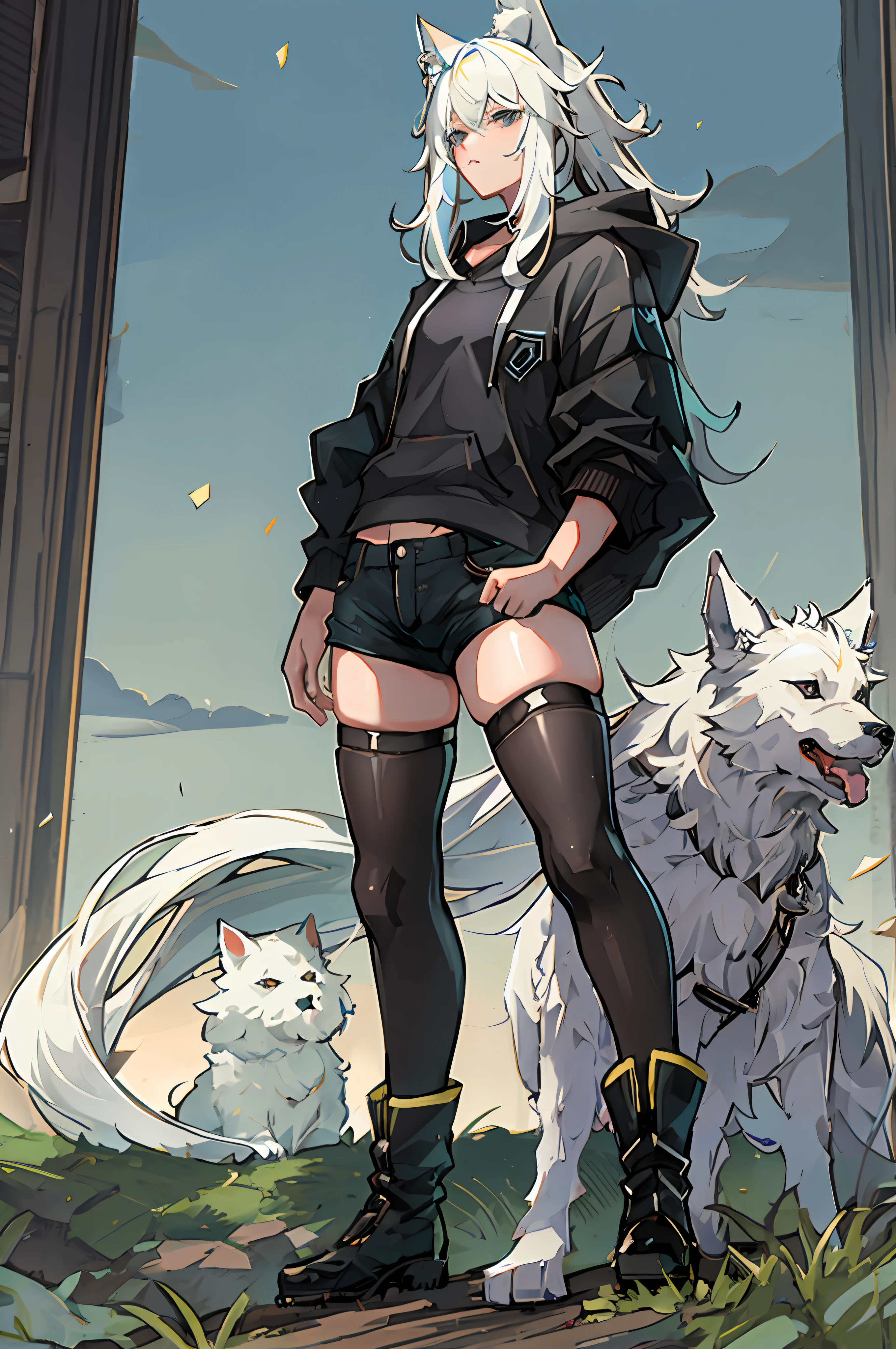 Anime girl with white hair and black outfit standing next to two white dogs  - SeaArt AI