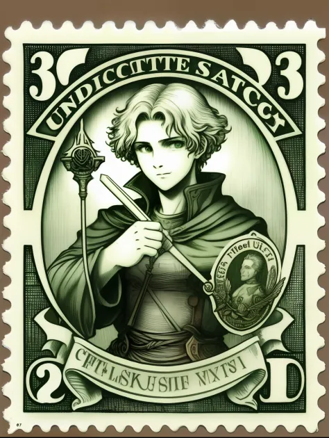 vintage United States Postage Stamp, 3 cent stamp, Rudeus using spells, green ink, line engraving, intaglio