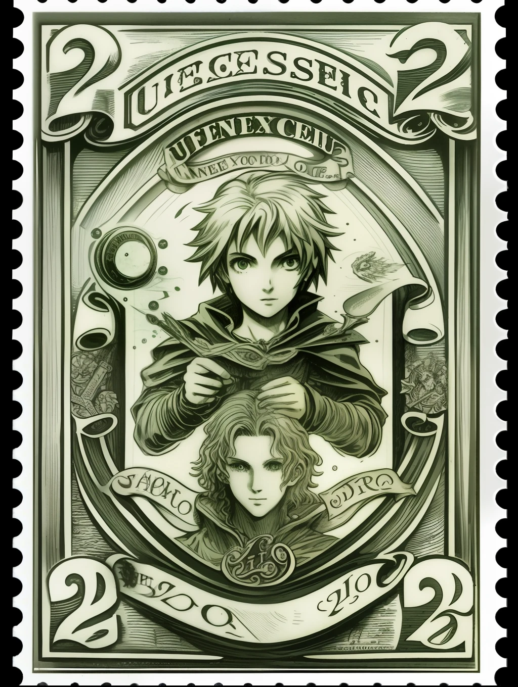 винтажная почтовая марка США, Марка номиналом 3 цента, Рудеус использует заклинания, Зеленые чернила, Линейная гравировка, глубокая печать