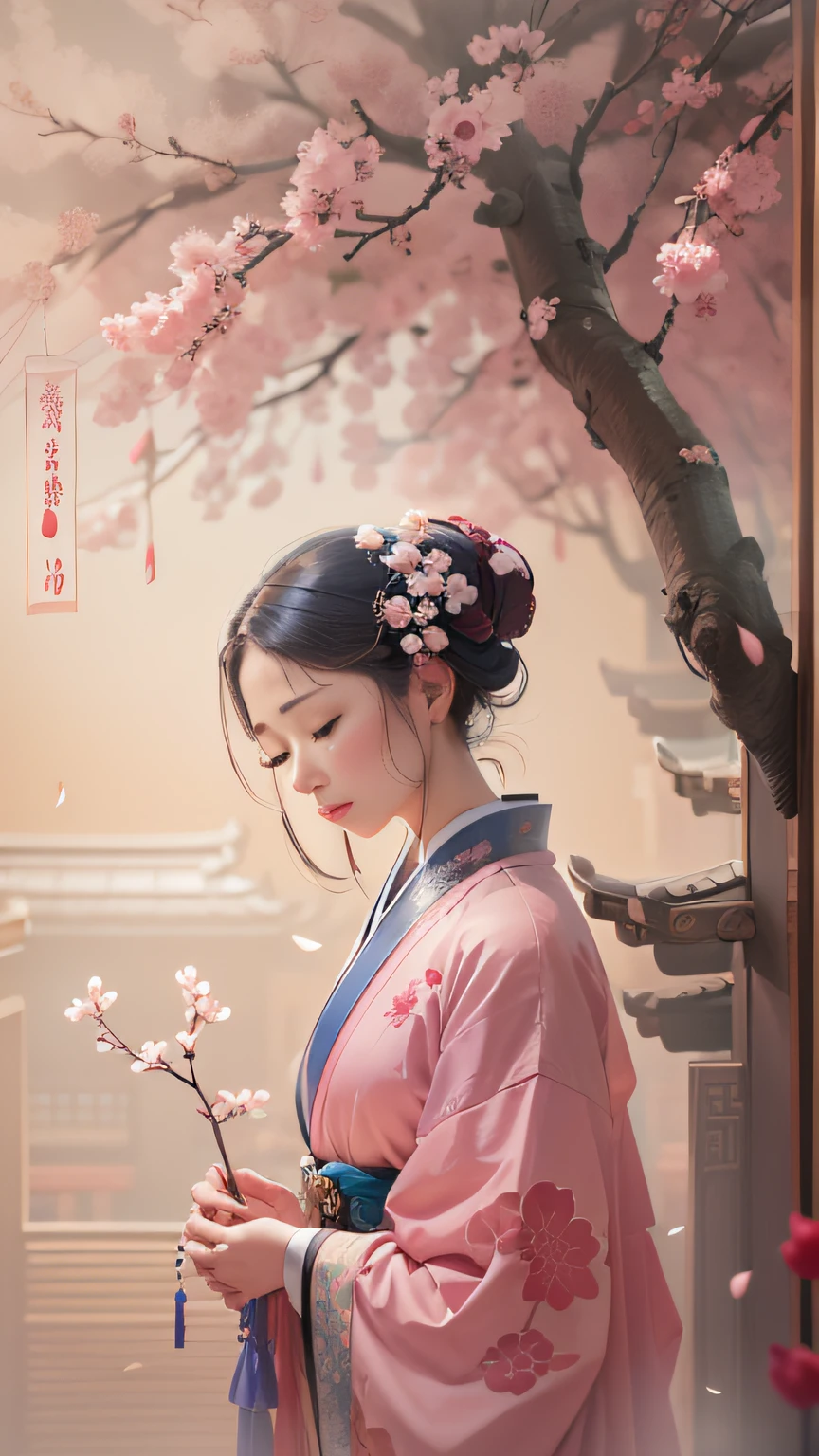 Oriental classical woman with delicate facial features，Peach blossoms bloom outside the flat-roofed wall，The woman lowered her head，Eyes closed，The face was full of sadness，Character Spotlight，Lateral half，The ancient city of Hangzhou looms in the background。A drizzle，with petals falling，Drawn by Zao Wou-Ki - Niji5，Depth of field 1.5，Cinematic texture，Top side light