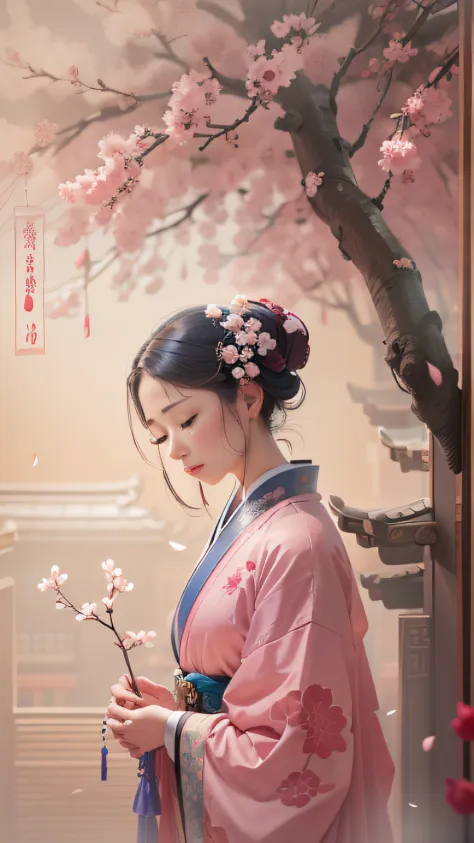 Oriental classical woman with delicate facial features，Peach blossoms bloom outside the flat-roofed wall，The woman lowered her h...