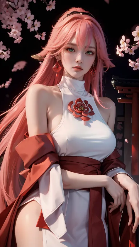 (Masterpiece, Excellent, 1girl, solo, complex details, color difference), realism, ((medium breath)), off-the-shoulders, big breasts, sexy, Yae Miko, long pink hair, red headdress, red highlight, hair above one eye, green eyes, earrings, sharp eyes, perfec...