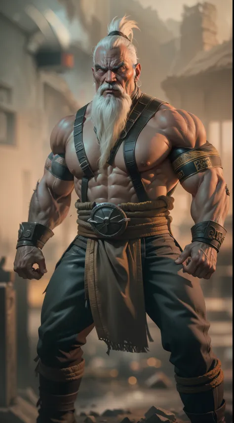 mortal kombat old man character , super strong, muscular,a chaotic world in the background, 35mm lens, photography, ultra details, precise texture details HDR, UHD,64K,
