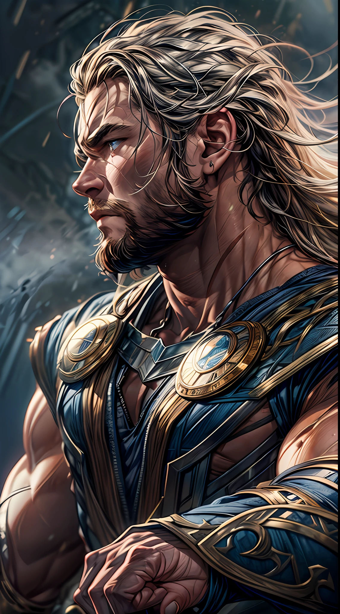 (RAW Photo, Best Quality), (Realistic, Photorealistic Photo: 1.3), Best Quality, Highly Detailed, Masterpiece, Ultra Detailed, Illustration, Marvel cinematic universe, marvel, Chris Hemsworth, Chris Hemsworth as Thor, mascular, high detailed on muscles, background should be epic, upper body, high detail on dress, Norse god of thunder, Best Quality, Extremely Detailed CG Unified 8k Wallpaper, Ink, Amazing, badass look, portrait, close up (skin texture), intricately detailed, fine details, hyperdetailed.