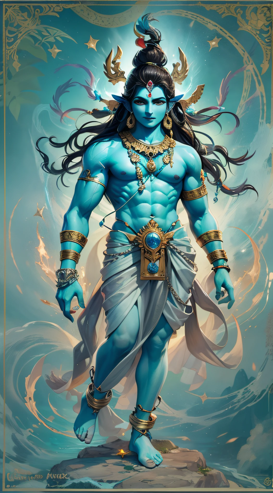 full body unclothed shiva, lord shiva, god shiva the destroyer, hindu god, inspired by Kailash Chandra Meher, attractive male deity, cyborg hindu godbody, indian god, devainart, blue djinn, vishnu, serene expression,