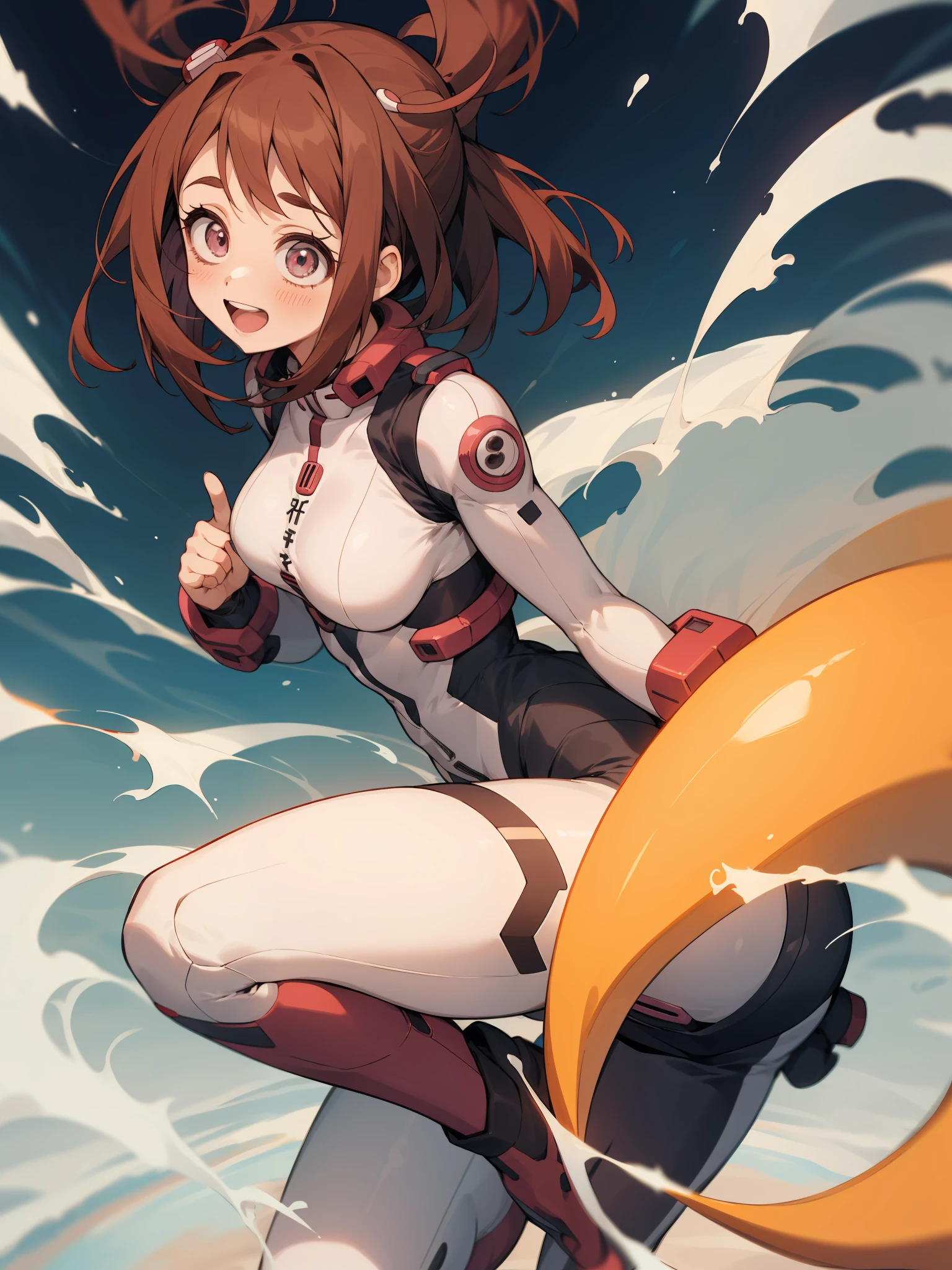 ochako uraraka, ochako, 1girl, solo, adesivos de blush, bodysuit, boca aberta, sorriso, seios, botas, fundo rosa, fundo simples, :d, olhando para o espectador, super hero, saltos altos, botas de salto alto, dentes, seios grandes, assinatura, pulando, corpo inteiro