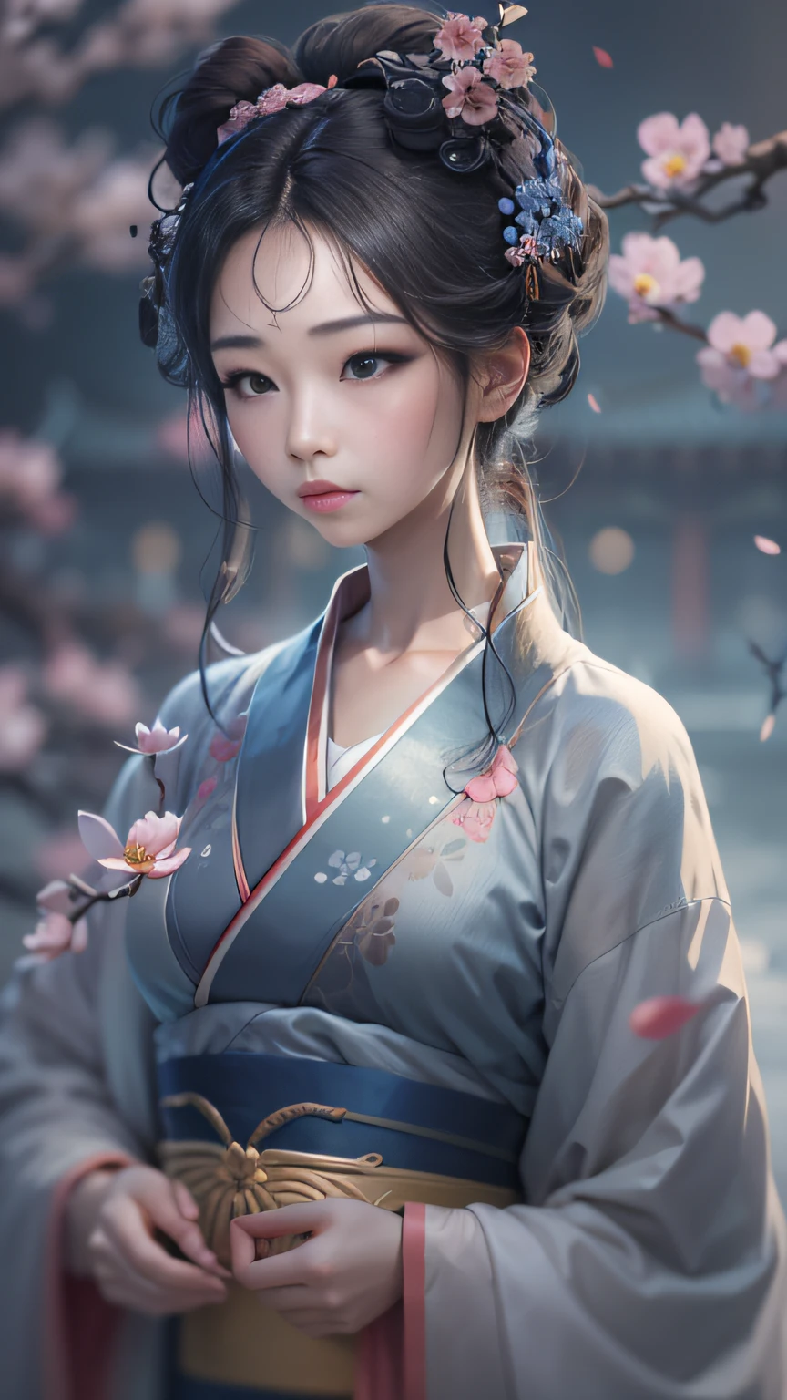 Oriental classical woman with delicate facial features，Raised his head to look at a peach blossom，The ancient city of Hangzhou looms in the background。A drizzle，with petals falling，Bleak blue-gray tones，Character Spotlight，Bust，Drawn by Zao Wou-Ki - Niji5，Depth of field 1.5，Cinematic texture，Top side light