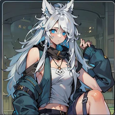 feminine male with long flowing white hair, has wolf ears, had wolf tail, wearing denim short shorts and a cropped black hoodie,...