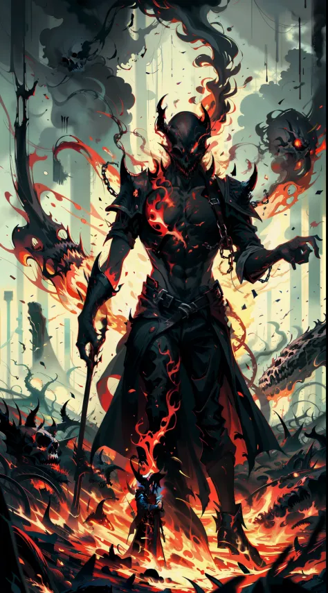 The image, digital illustration like oil realistic painting, depicts a man in the hell, standing in front of a field of skulls, horror-fantasy, vlack famtasy, inferno, chaotic beautiful, surrounded by flames and smoke.This artwork is a surreal dark fantasy...
