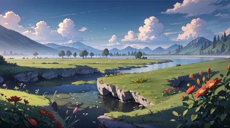 Summer, meadows, flowers, lake, heaven, clouds, blue sky, sunny, HD detail, hyper-detail, cinematic, soft light, deep field focu...