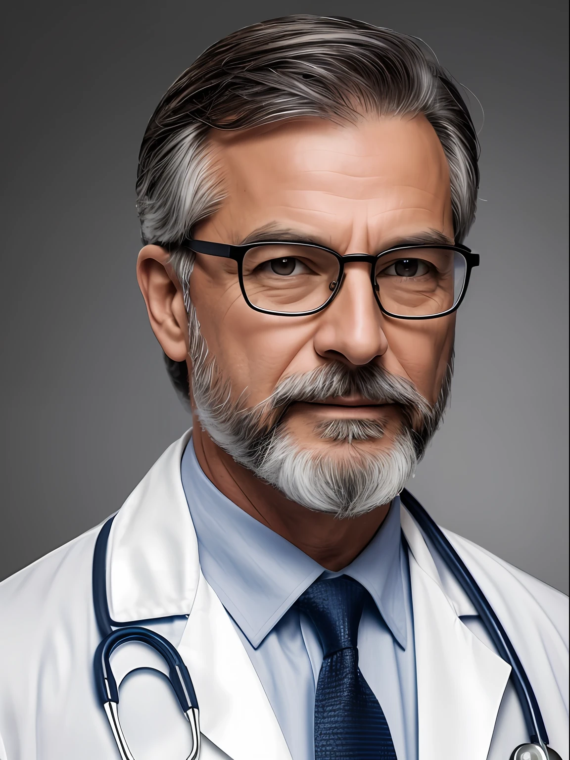 Create A Frontal Portrait Of A Middle-aged Male Doctor Wearing Glasses 