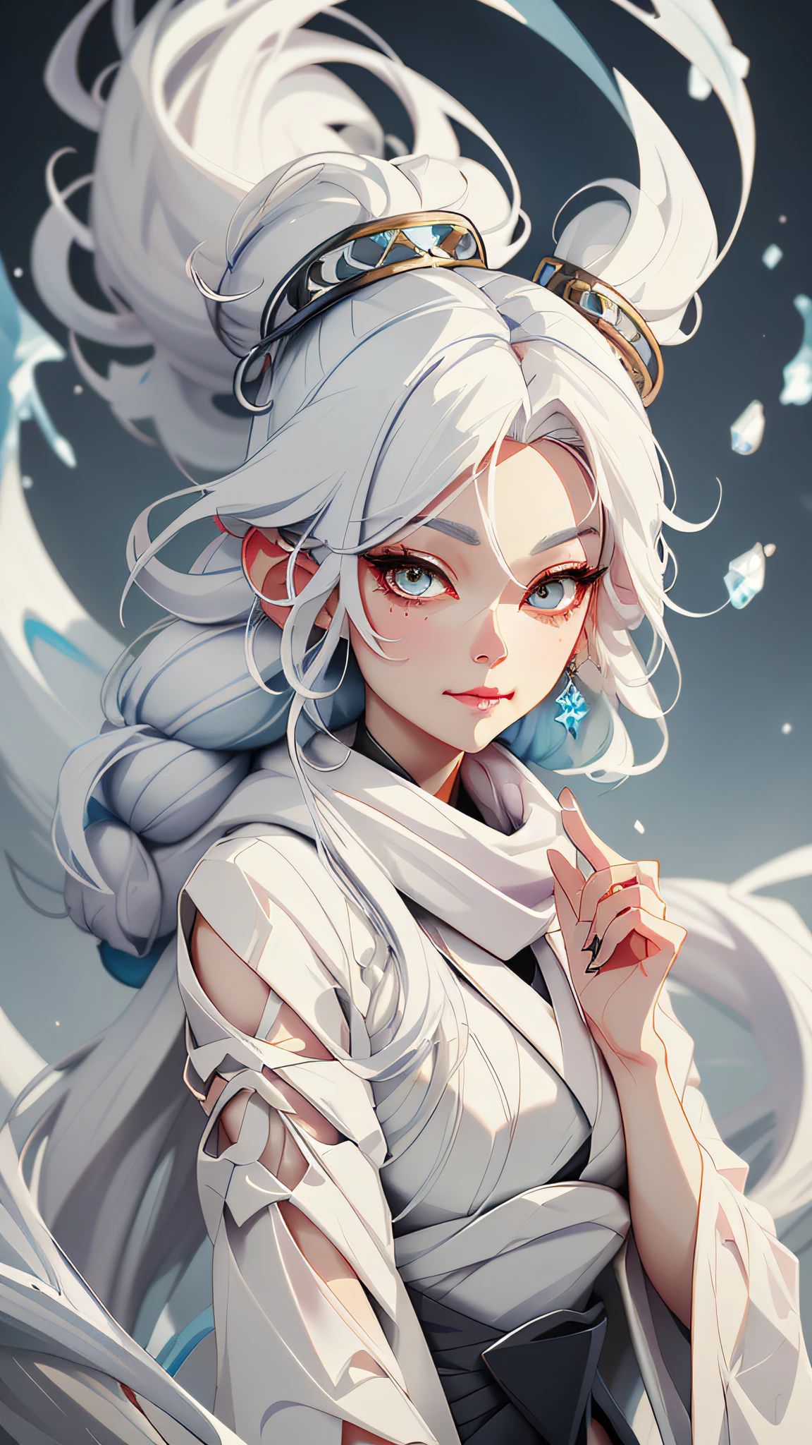 um close de uma mulher com cabelo branco e um lenço preto, um retrato de personagem de Yang J, vencedor do concurso pixiv, arte de fantasia, divindade de cabelos brancos, linda pintura de personagem, artwork in the style of Guweiz, o olhar penetrante de Yuki Onna, Guweiz, com cabelos longos brancos, com longos cabelos brancos, cabelos soltos e vestes longas