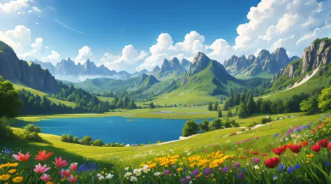 Summer, meadows, flowers, lake, heaven, clear blue sky, sunny, HD detail, hyper-detail, cinematic, dynamic lighting, deep field ...