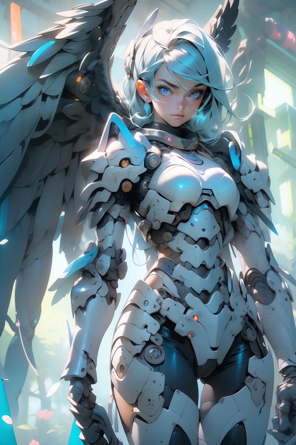 (masterpiece), (best quality), 1girl, battle angel, female warrior with angel wings, battle field, portrait, close-up shot, (blue glowing eyes), cyborg armor