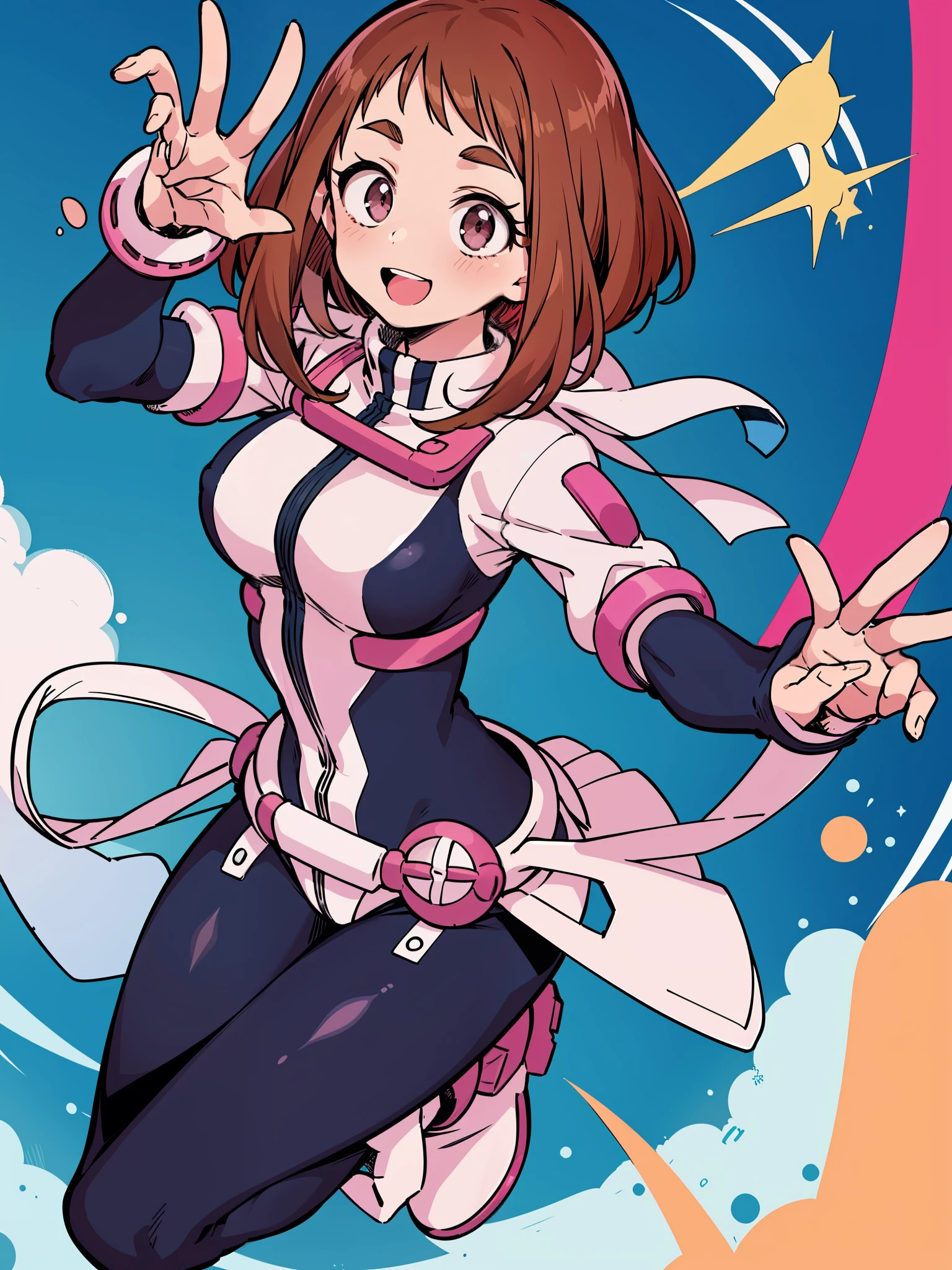 ochako uraraka, ochako, 1girl, solo, adesivos de blush, bodysuit, boca aberta, sorriso, seios, botas, fundo rosa, fundo simples, :d, olhando para o espectador, super hero, saltos altos, botas de salto alto, dentes, seios grandes, assinatura,