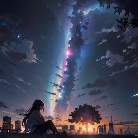 Anime girl sitting on a ledge looking at a sky full of stars, cosmic skies. por makoto shinkai, Makoto Shinkai Cirilo Rolando, b...