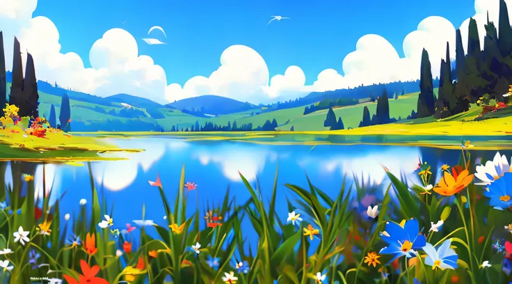 summer, meadows, flowers, lake, heaven, clear blue sky, sunny, hd detail, hyper-detail, cinematic, dynamic lighting, deep field ...