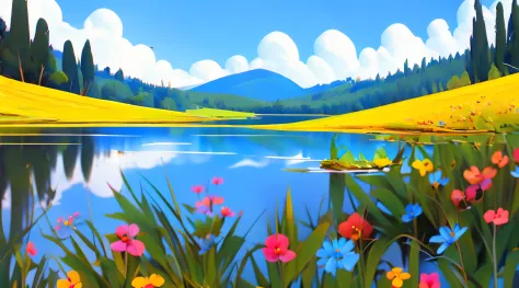 summer, meadows, flowers, lake, heaven, clear blue sky, sunny, hd detail, hyper-detail, cinematic, dynamic lighting, deep field ...