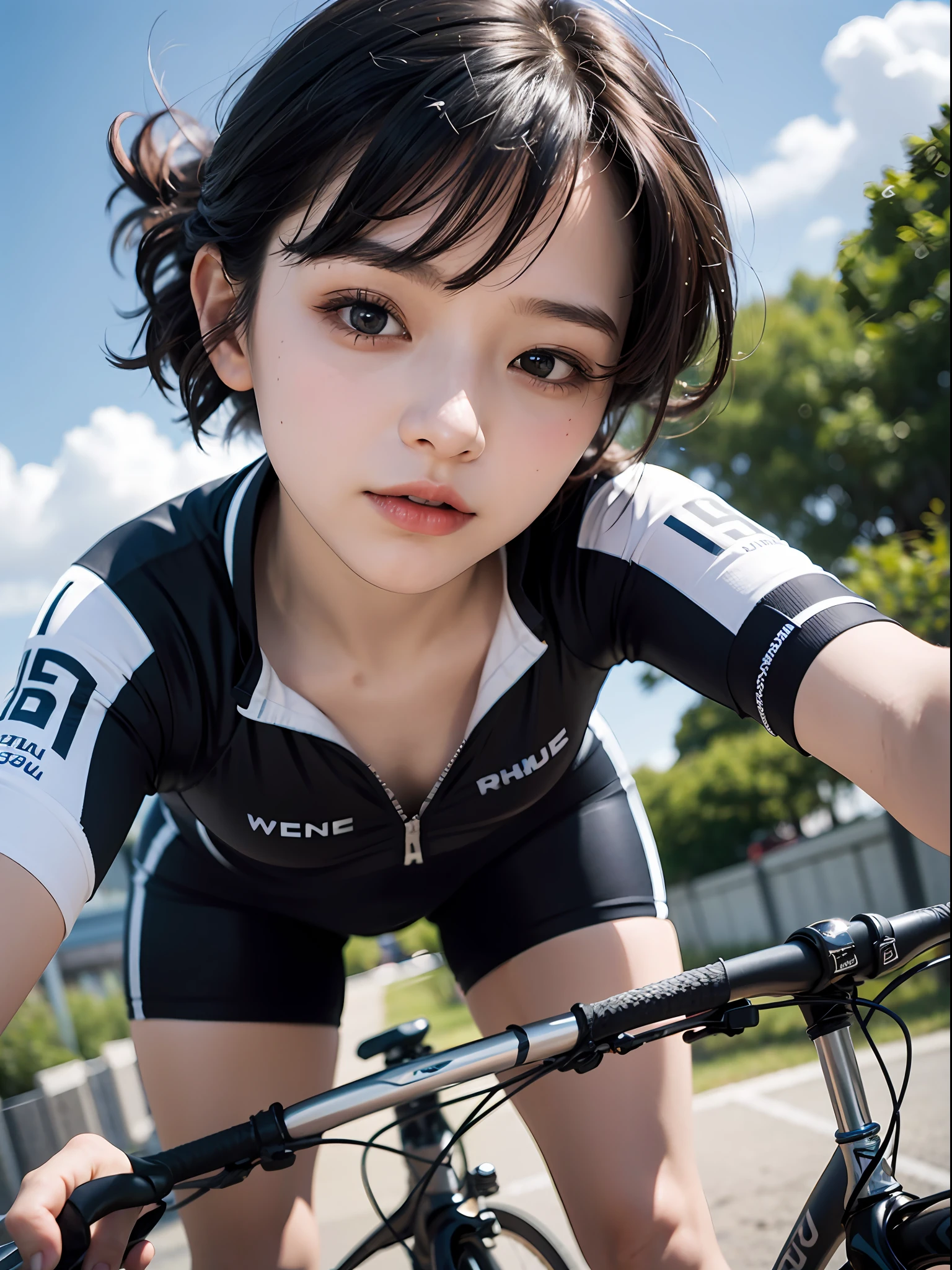 8K、頂級影像品質、傑作、18岁的、女性、短髮、骑行服、胸膛是敞開的、從下面的角度、(閉上一隻眼睛:1.5)、蓝天、骑上自行车，感受风、表达自行车的速度和动感、特寫