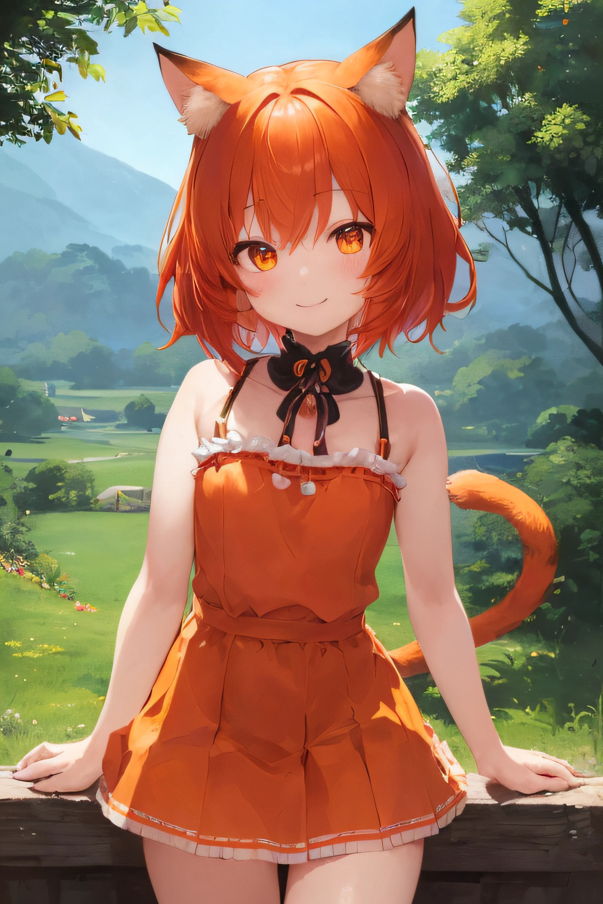 (Top image quality), (ultra-detailliert), (Best Illustration), (masterwork), 独奏, a smile、sano、frontage、6years old、animal ear, Cat's ears, Cat girl, Cat's tail, Orange eyes, Red hair, Very short hair, tail, flat breast, western clothes, without background, SFW