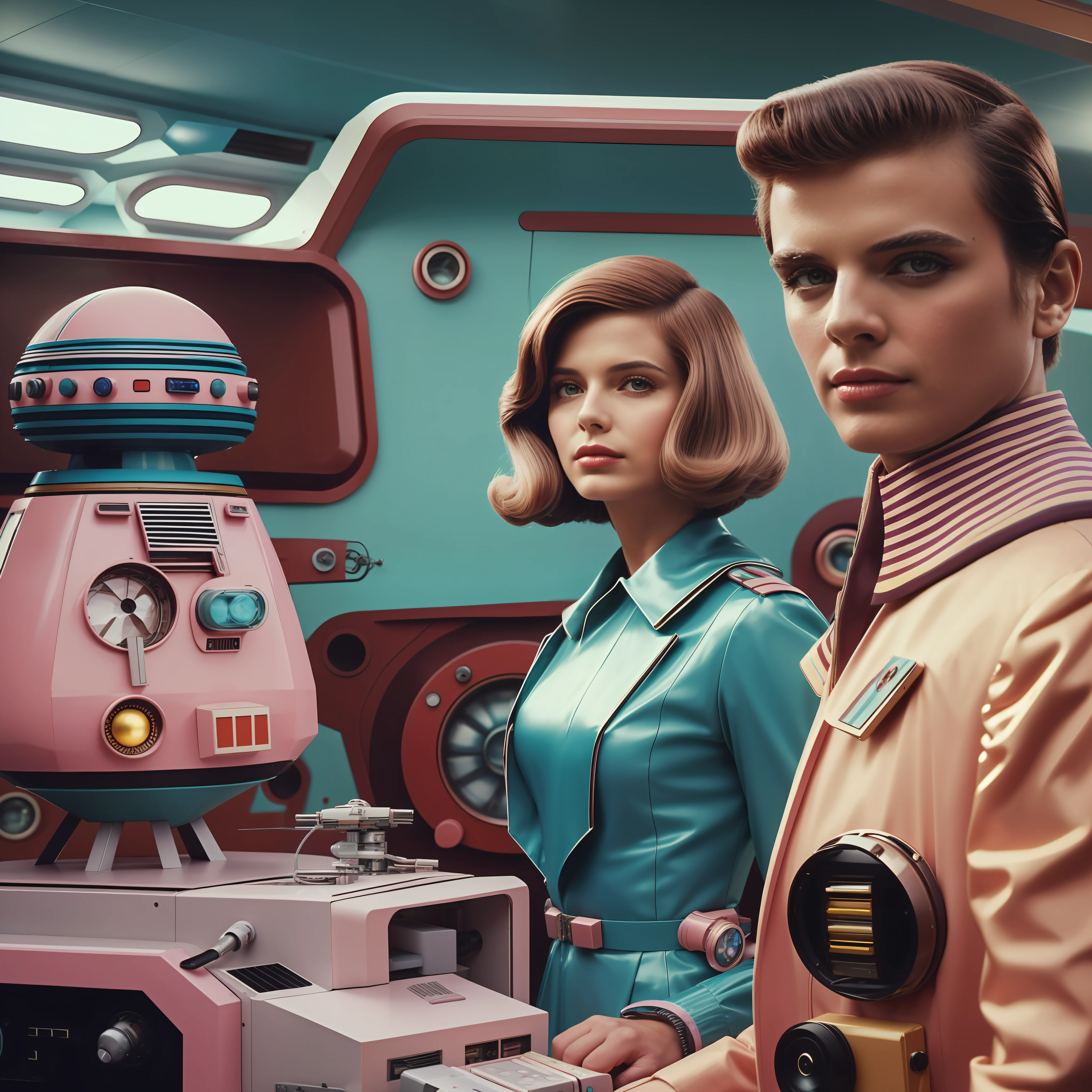 4k-Bild aus einem Science-Fiction-Film aus den 1970er Jahren, echtes Bild, Wes Anderson Stil, Pastellfarben, Ein Mann zwischen zwei Frauen, die retro-futuristische Modekleidung und futuristische technologische Ornamente und Geräte tragen, Natürliches Licht, filmisch, Psychedelisch, seltsam futuristisch, retro-futuristisch,