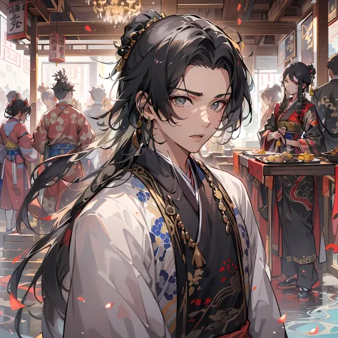 A boy with，cabelos preto e longos，Black colored eyes，Chinese costumes，Hanfu，full bodyesbian，Stand in a chalet，独奏，tmasterpiece，CG...