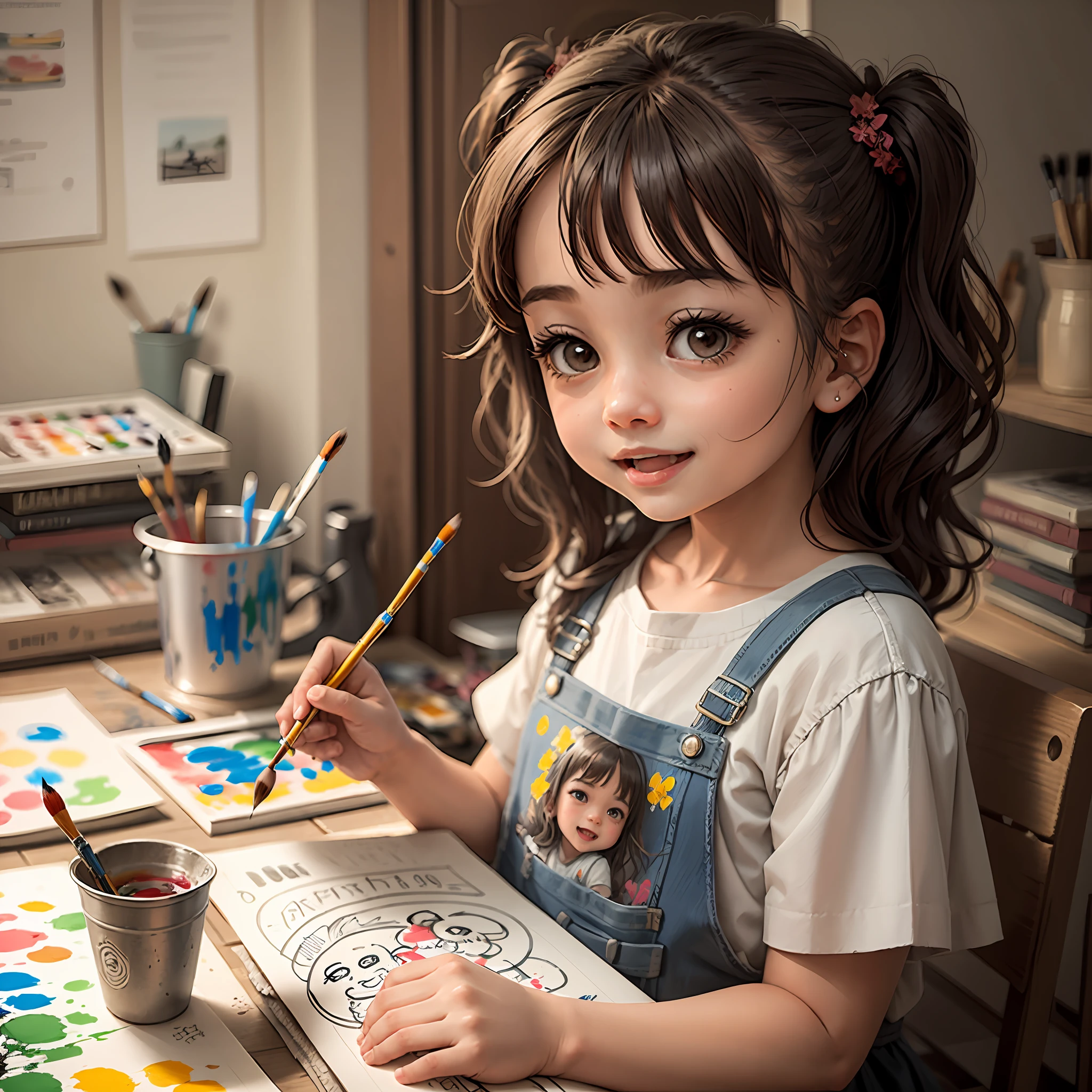 Little girl with a paintbrush drawing, cute, happy expression,