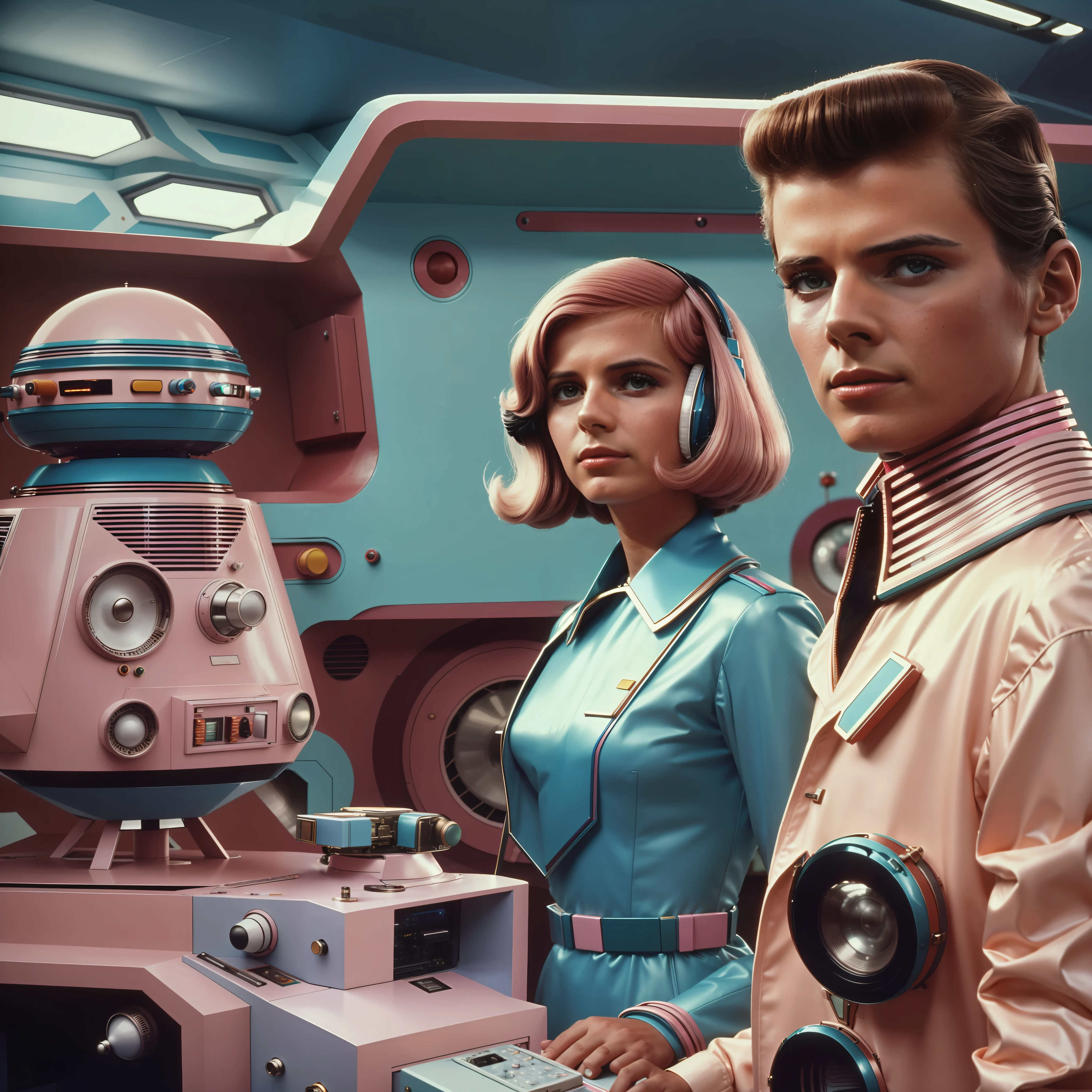 4k-Bild aus einem Science-Fiction-Film aus den 1970er Jahren, echtes Bild, Wes Anderson Stil, Pastellfarben, Ein Mann zwischen zwei Frauen, die retro-futuristische Modekleidung und futuristische technologische Ornamente und Geräte tragen, Natürliches Licht, filmisch, Psychedelisch, seltsam futuristisch, retro-futuristisch,