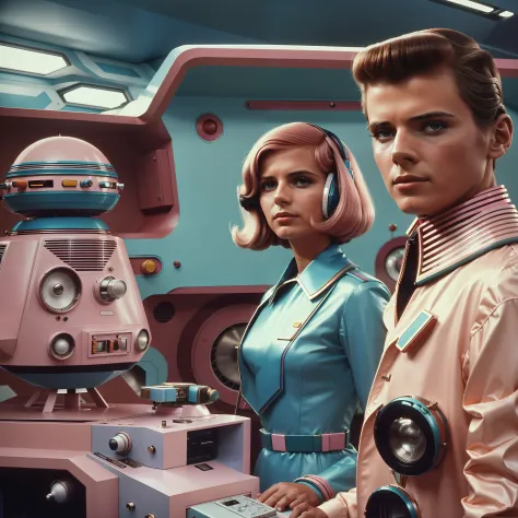 4k image from a 1970s science fiction film, imagem real, Estilo Wes Anderson, pastels colors, a man between two women wearing re...